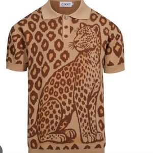 OXKnit Big Cat Leopard Animal Print Short Sleeve Cotton Knit Polo Tan & Brown L